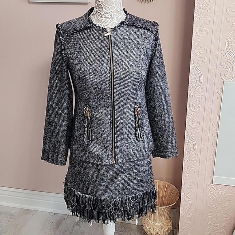 NWT STS Sail to Sable Metallic Mercer Navy suit skirt set fringe blaze 4 S T13 - Picture 6 of 12